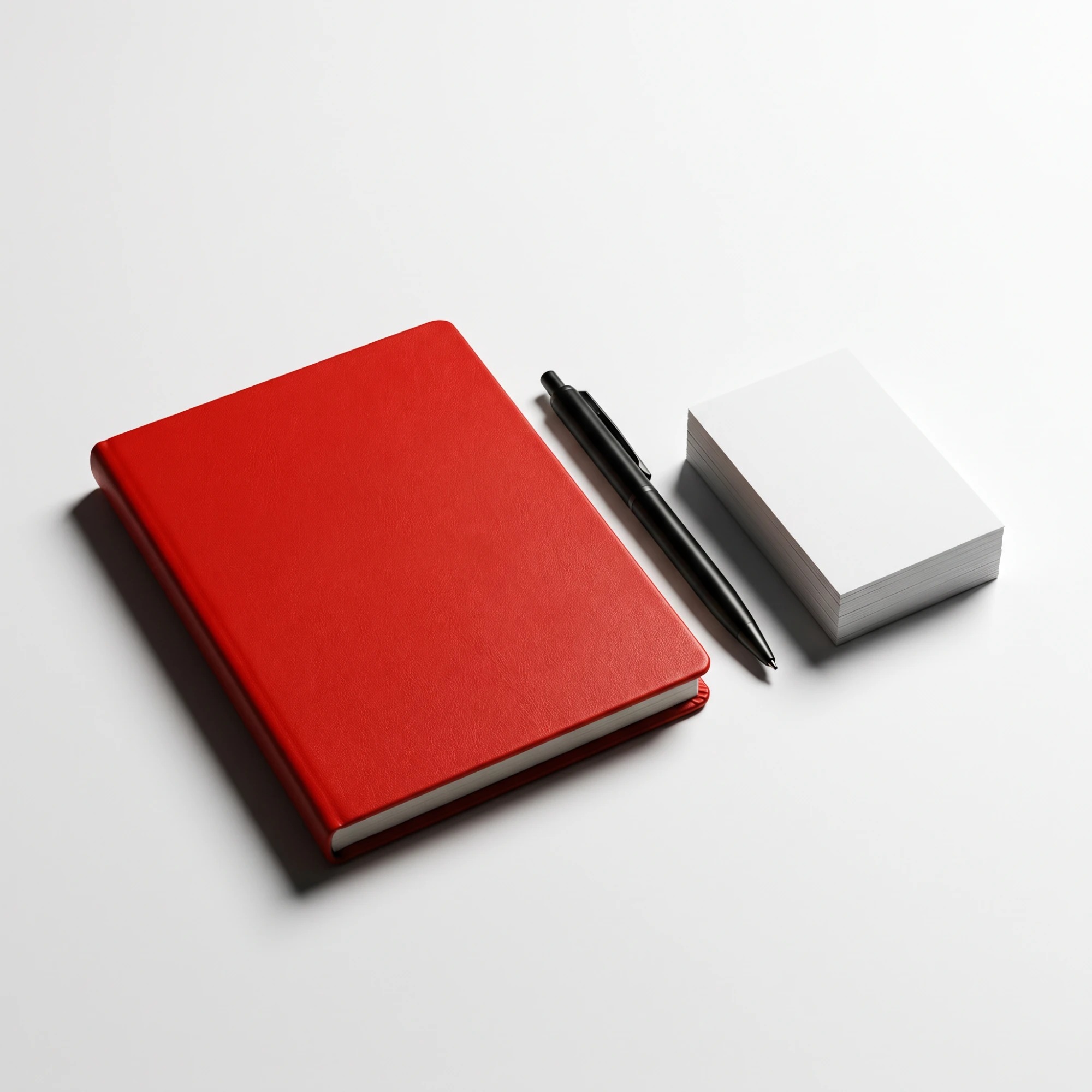 A clean desk with a red notebook, pen and white cards
