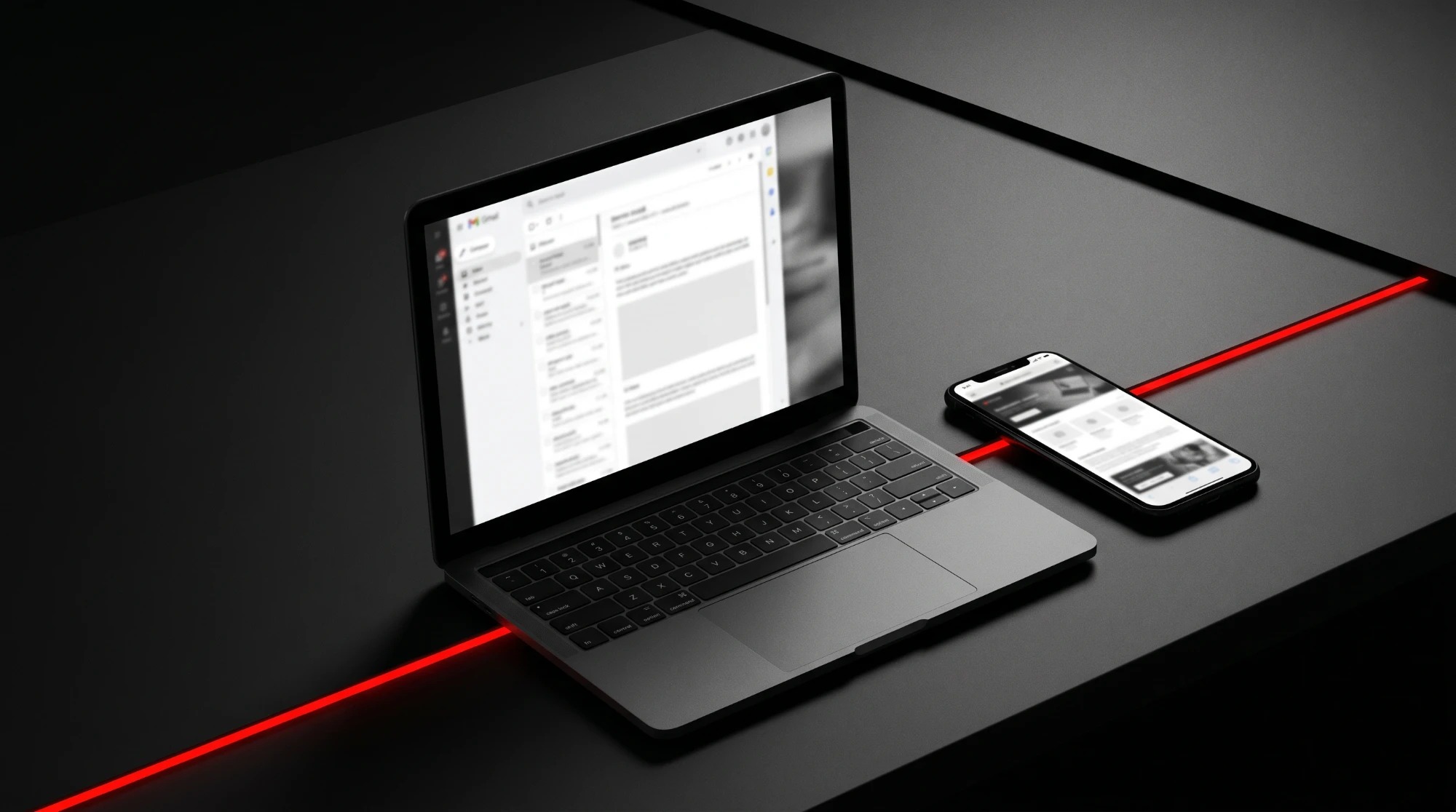 A NELVIO build: an email open on a laptop and the matching website on a phone
