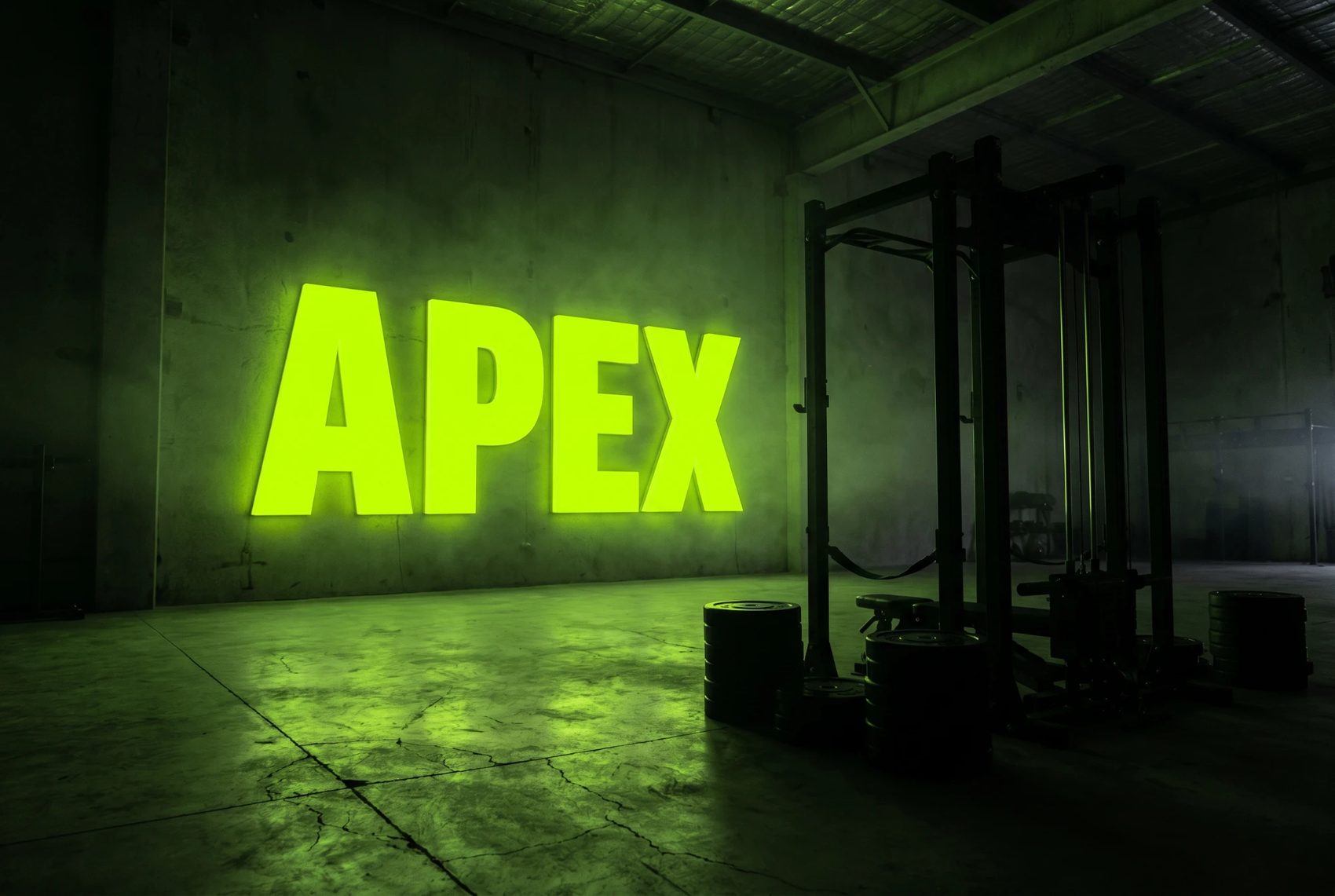 The glowing green Apex wordmark on the training-floor wall