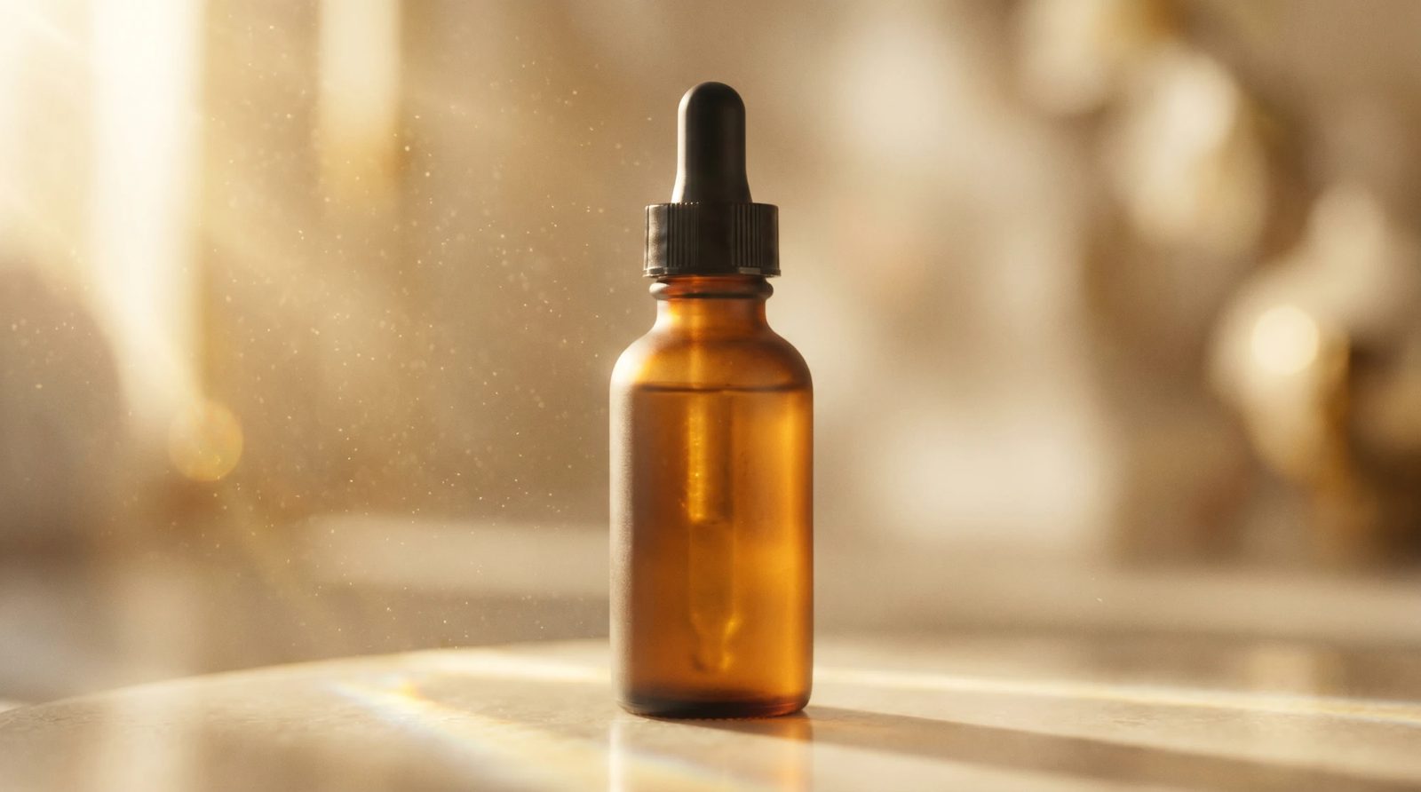 A golden Lumière bottle held in warm bokeh light